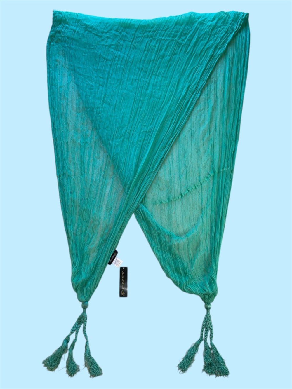 Chaudry Turquoise Sheer Fringed Scarf with Braided Tassels